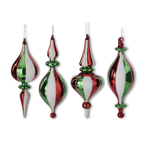 Assorted Green Red & White Stripe Glass Glittered Finial Ornaments