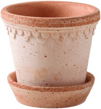 Load image into Gallery viewer, Terra cotta plant pot with saucer featuring decorative scalloped rim and speckled finish