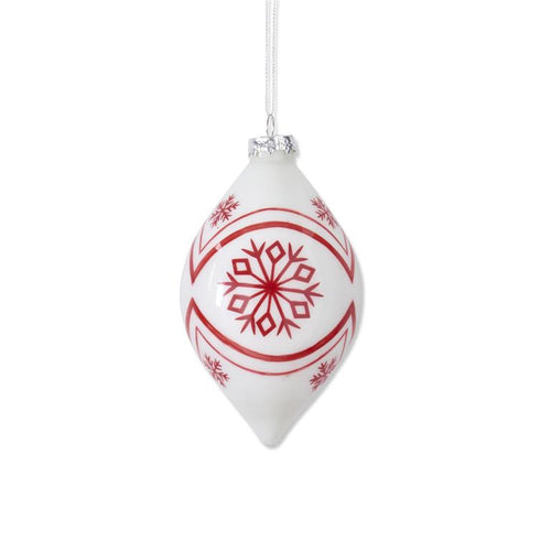 5.5 Inch White w/Red Snowflakes Glass Teardrop Ornament
