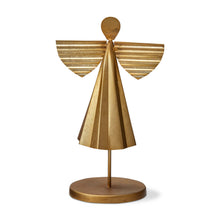 Load image into Gallery viewer, Golden brass angel figurine with striped wings on circular base stand