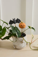Load image into Gallery viewer, Halloween bat and jack-o-lantern pumpkin decorative plant stakes in a spider web pot