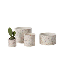 Load image into Gallery viewer, Four white terrazzo ceramic planters with colorful speckled pattern, one containing small cactus plant