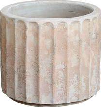 Load image into Gallery viewer, Rustic fluted cement planter with weathered antique finish and cylindrical shape