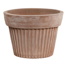 Load image into Gallery viewer, Terracotta Plisee short planter with vertical ribbed texture and wide rolled rim