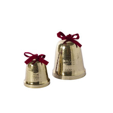 Load image into Gallery viewer, Two gold hammered metal Christmas bells with red velvet bows, small and large sizes
