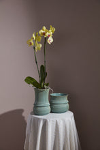 Load image into Gallery viewer, Pair of ribbed celadon ceramic vases, one holding yellow Phalaenopsis orchid on white draped table.