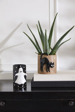 Load image into Gallery viewer, Halloween ceramic ghost cup and black cat planter with aloe vera on dark dresser
