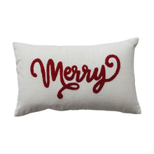 Load image into Gallery viewer, Cotton Slub Lumbar Pillow with Embroidered "Merry"