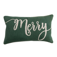 Load image into Gallery viewer, Cotton Slub Lumbar Pillow with Embroidered "Merry", Green &amp; Natural