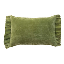 Load image into Gallery viewer, Sage green cotton velvet lumbar pillow with pleated ruffle trim on both ends