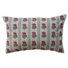 Load image into Gallery viewer, Cotton Lumbar Pillow with Mistletoe Pattern, Stripes &amp; Embroidery