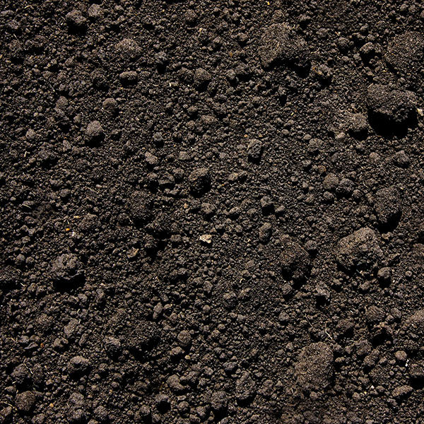 Dark brown landscaper's blend soil with fine texture and small organic particles